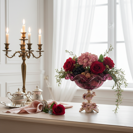 Bella Murano glass floral pedestal bowl styled as a luxury decorative centerpiece in an elegant home décor setting