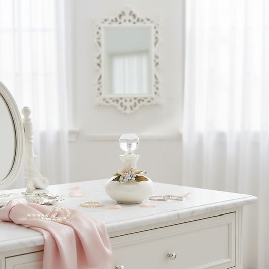 Handcrafted Bianco Murano glass perfume bottle styled as a luxury vanity décor accent by Fleur De Lis