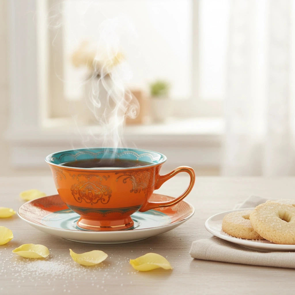 Set of 6 Elegant Ceramic Cup and Saucer Sets Fleur de Lis