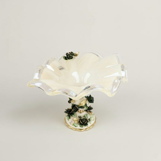 Hand-blown Emerald Bloom Murano glass centerpiece bowl with floral motifs and gold accents by Fleur De Lis