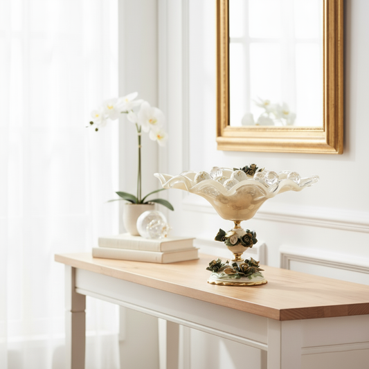 Emerald Bloom Murano glass centerpiece bowl styled as a luxury decorative accent in an elegant home décor mood shoot