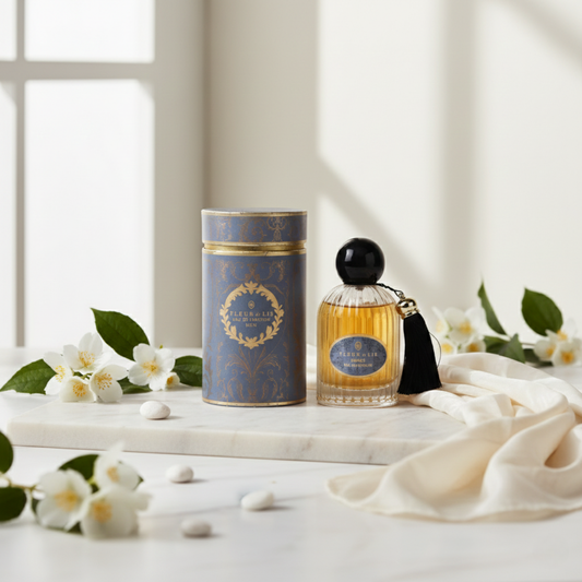 Luxury Fleur de Lis perfume bottle and decorative cylindrical box styled with white florals, representing refined fragrance gifting.