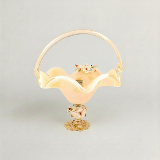 Handcrafted Golden Symphony decorative basket bowl with floral accents, faux pearls and gold detailing by Fleur De Lis