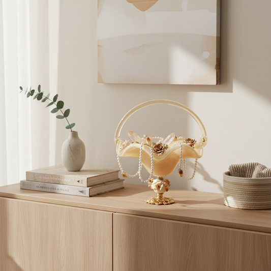 Golden Symphony decorative basket bowl styled as a luxury centerpiece for festive and elegant home décor