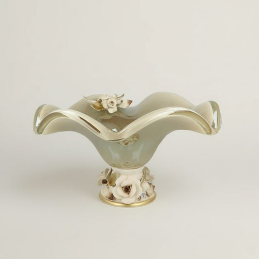 Handcrafted Italian porcelain decorative bowl with floral detailing, wavy rim and gold accents by Fleur De Lis