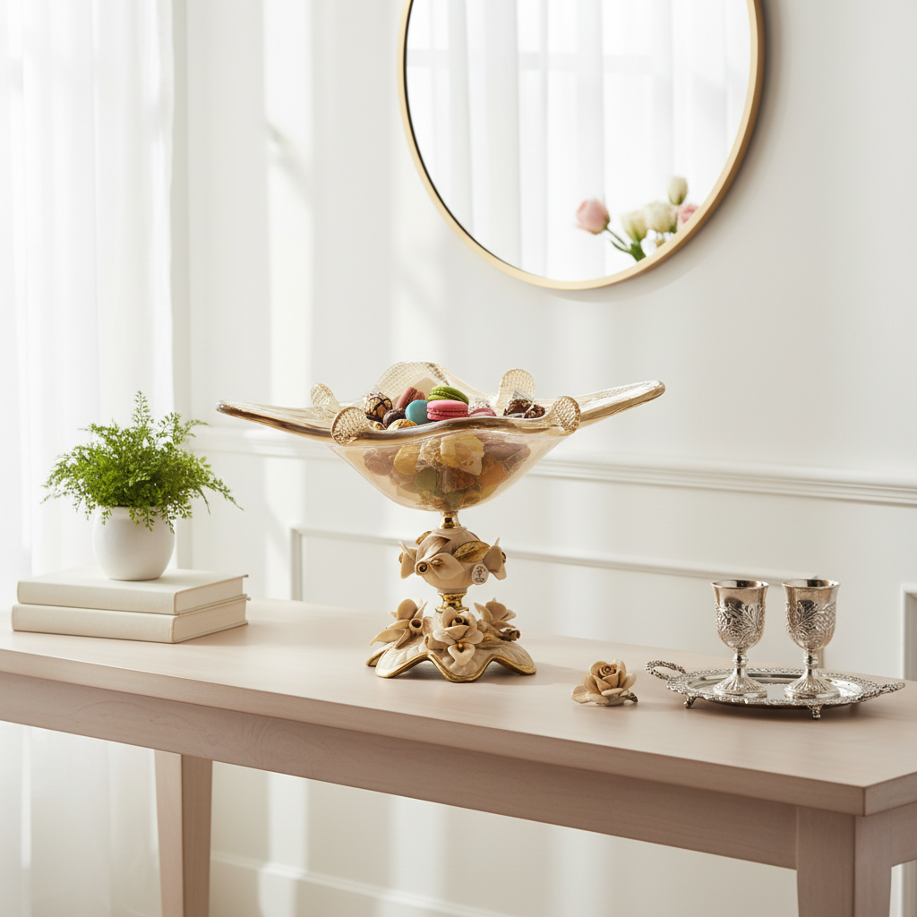 Moonlit Petals Murano glass floral pedestal bowl styled as a luxury decorative centerpiece in an elegant home décor setting