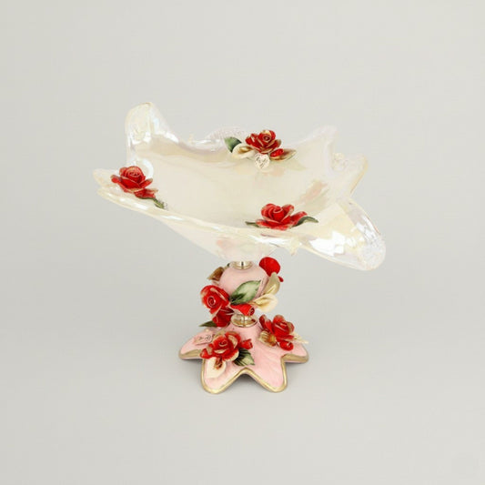 Handcrafted Italian Murano-style crystal bowl with pink floral detailing and gold accents by Fleur De Lis