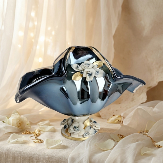 Venezia Eleganza handblown Murano glass bowl styled as a luxury decorative centerpiece in a creative home décor mood shoot by Fleur De Lis