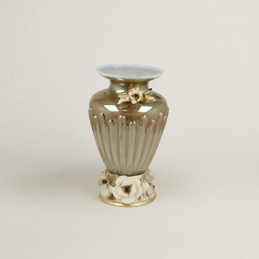 Handcrafted Venezia Murano-style glass vase with floral embellishments and gold accents by Fleur De Lis